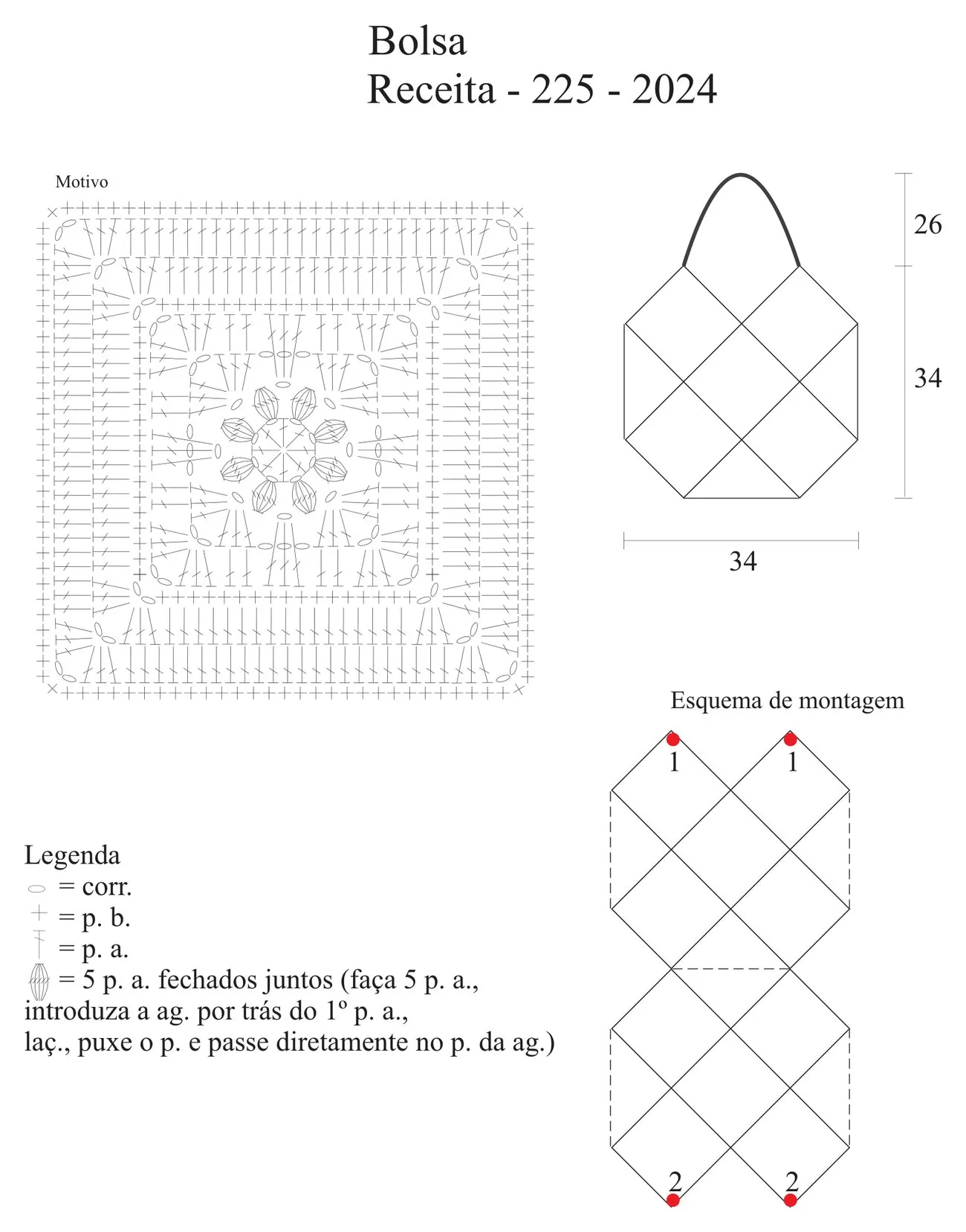 Gráfico do motivo de margarida, legenda dos pontos e esquema de montagem da Bolsa Flores do Campo com medidas 34 x 34 cm