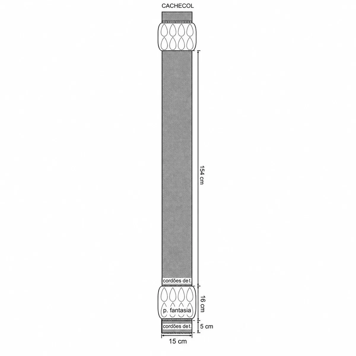 Diagrama do cachecol de tricô com medidas — 15 cm de largura, 154 cm de comprimento, com seções de cordões de tricô e ponto fantasia