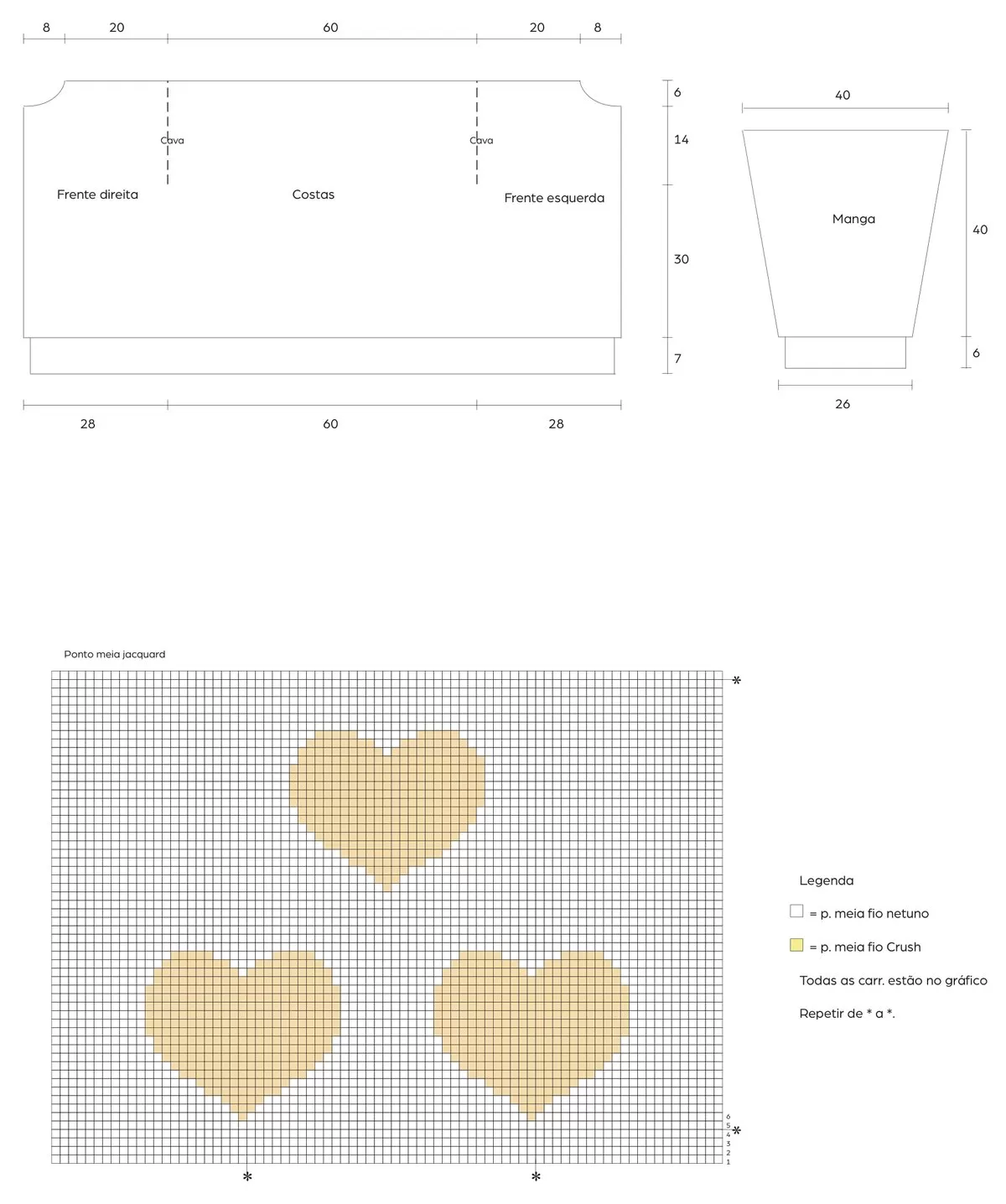 Gráfico do ponto meia jacquard e molde do Cardigã Poema de Tricô