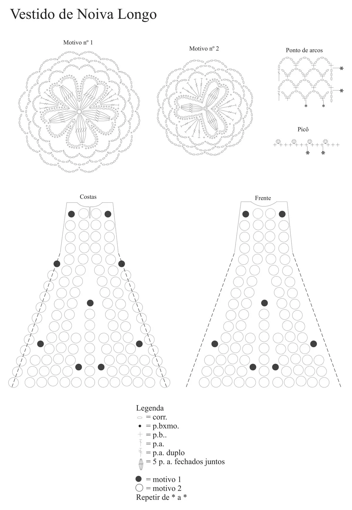 Gráfico dos motivos florais e esquema de montagem do Vestido de Noiva Longo de Crochê
