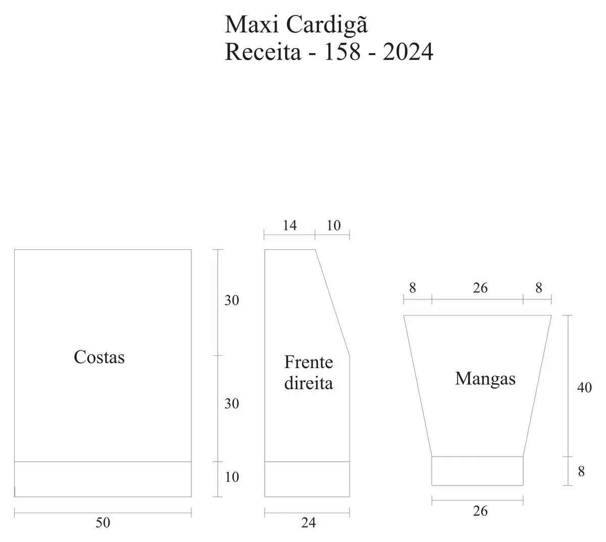Esquema de medidas do Maxi Cardigã Helena — costas 50 cm, frente direita 24 cm e mangas 26 cm