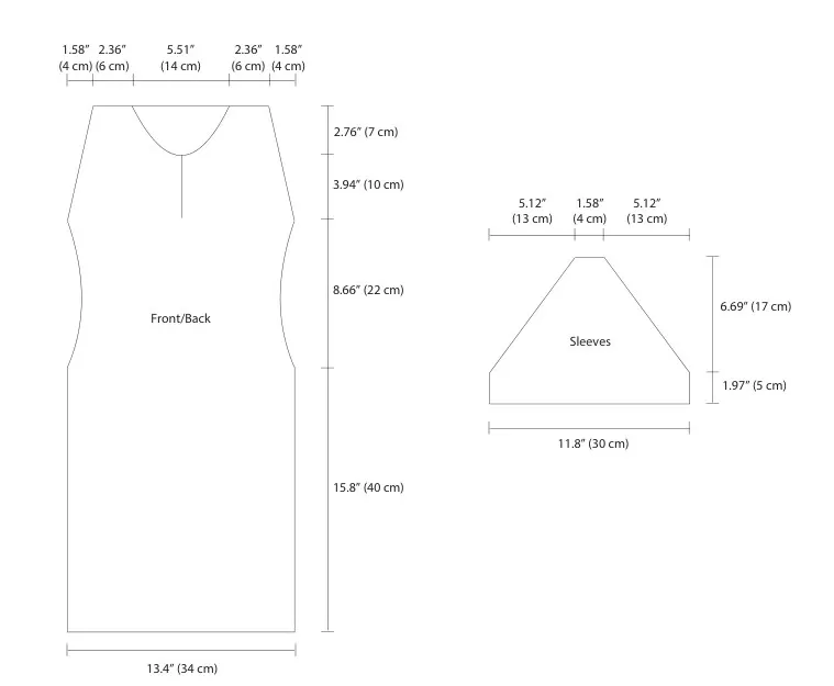 Esquema com medidas do Vestido Polo de Crochê - frente costas e mangas