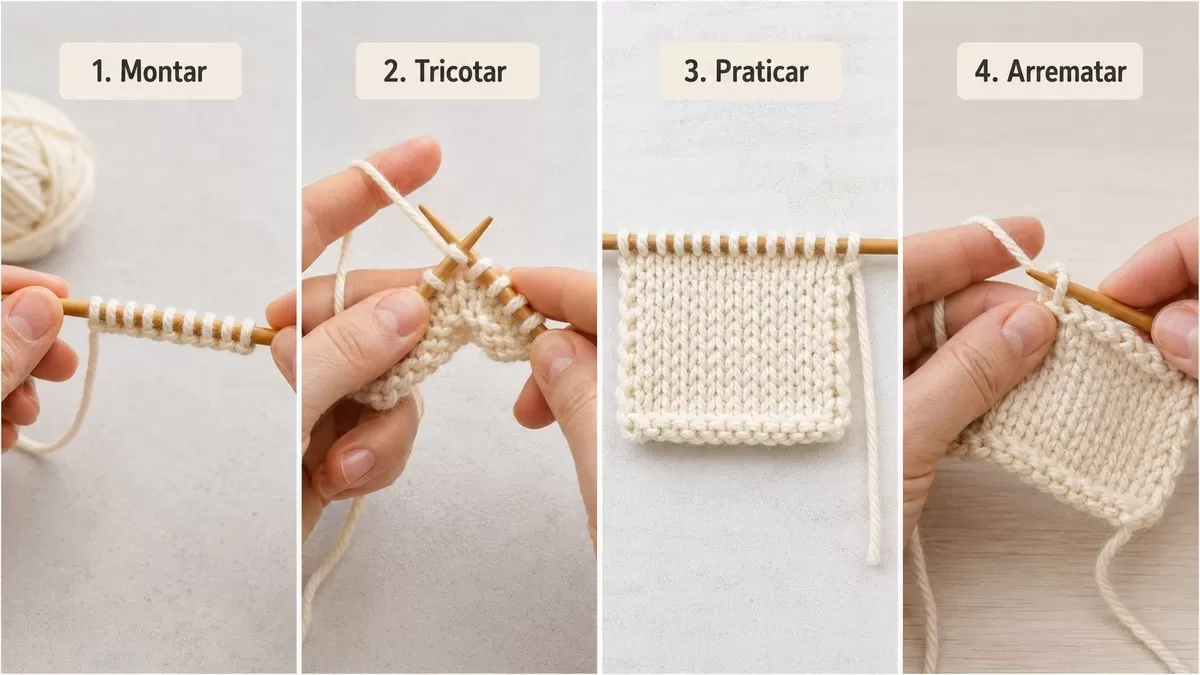 Sequência visual em quatro etapas: montar, tricotar, praticar e arrematar