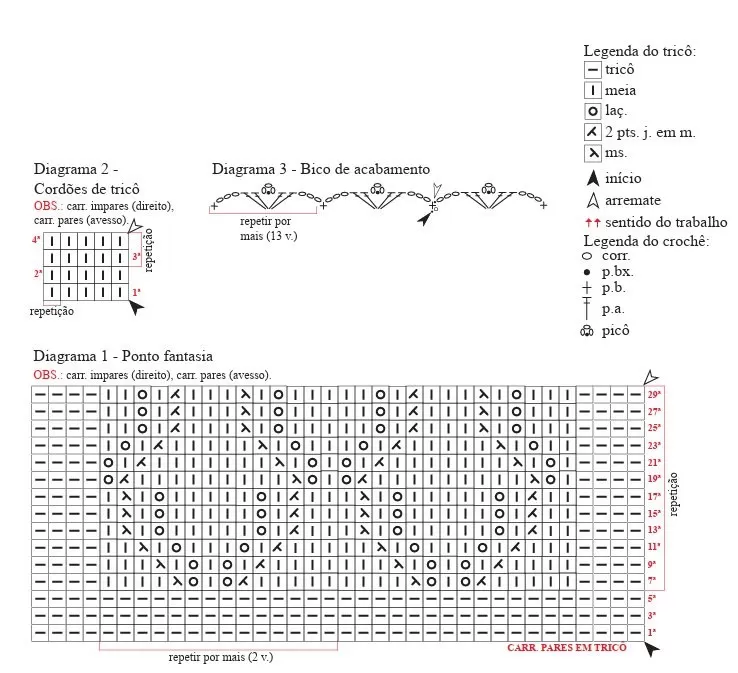 Diagramas da Regata Gabriela – Ponto Fantasia, Cordões de Tricô e Bico de Acabamento em Crochê
