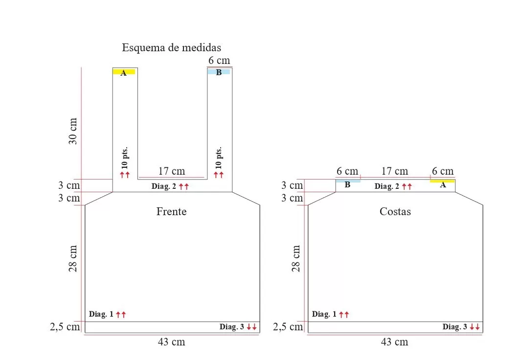 Esquema de medidas da Regata Gabriela – Frente e Costas com indicação de tamanhos