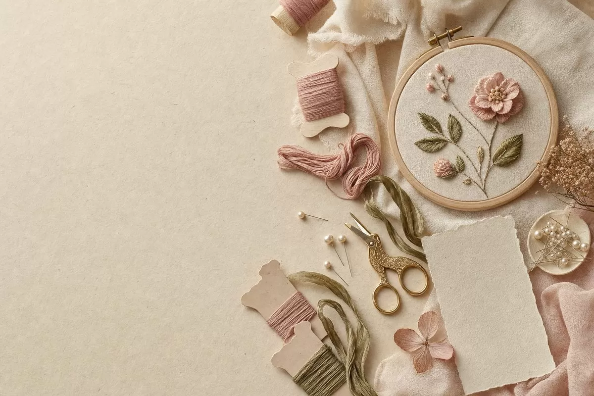 Materiais para começar a fazer Stumpwork — bastidor, linhas mouliné, agulhas e feltro