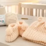Touca e Sapatinho Chantilly de crochê para bebê feitos com Amore Baby Círculo
