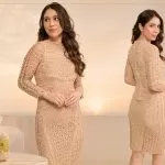 Vestido Champagne de crochê com Fio Lolita Círculo — vista frontal e costas
