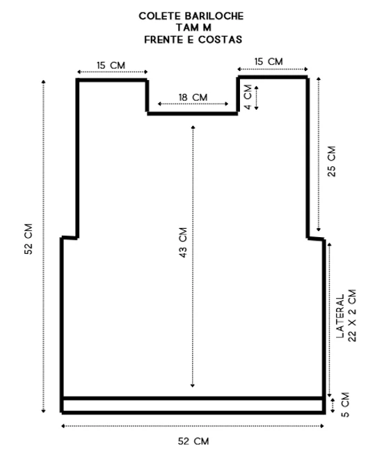 Molde com medidas do Colete Bariloche tamanho M – 52cm largura × 52cm comprimento