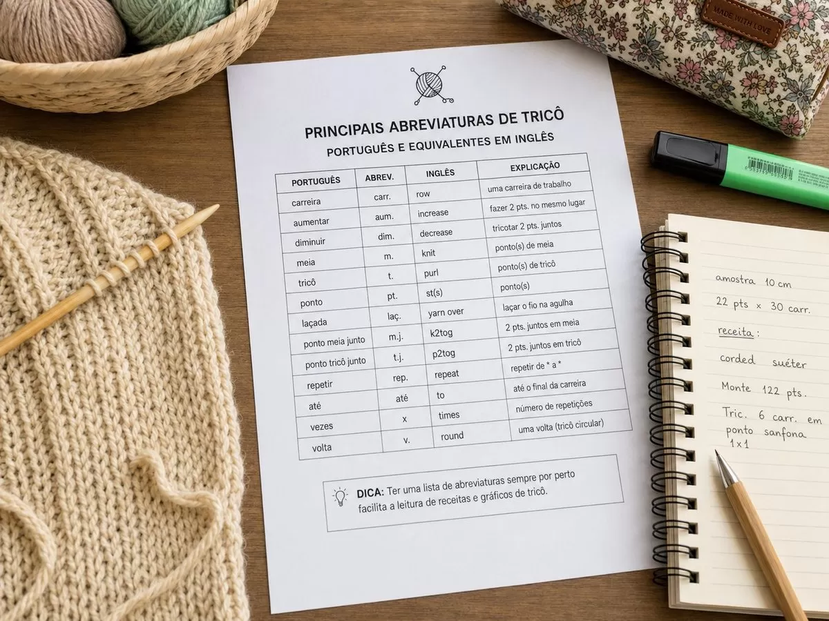 Tabela com as principais abreviaturas de tricô em português e seus equivalentes em inglês
