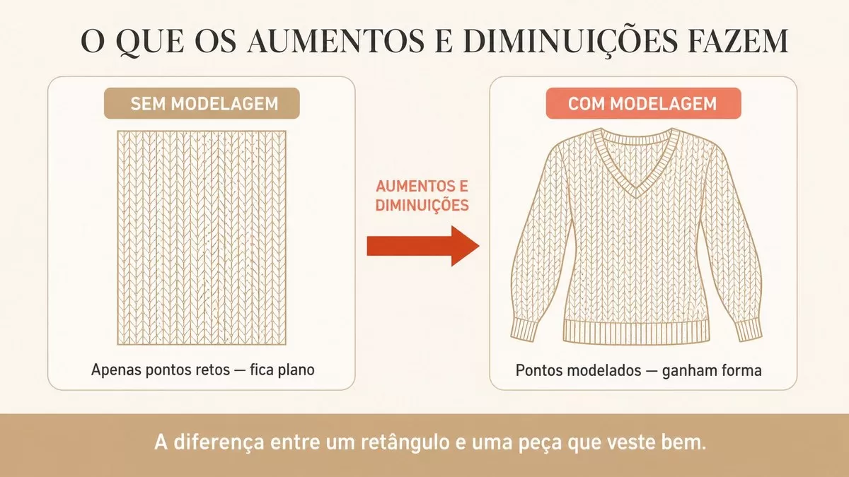 Infográfico mostrando antes e depois: à esquerda um retângulo plano de tricô sem modelagem, à direita uma blusa de tricô com decote em V, cavas curvadas e mangas afuniladas — a diferença que aumentos e diminuições fazem