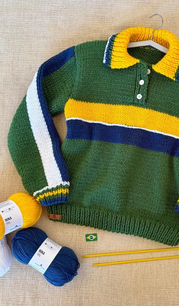 Blusa Gola Polo Nina com novelos de Lã Nina nas cores utilizadas na receita
