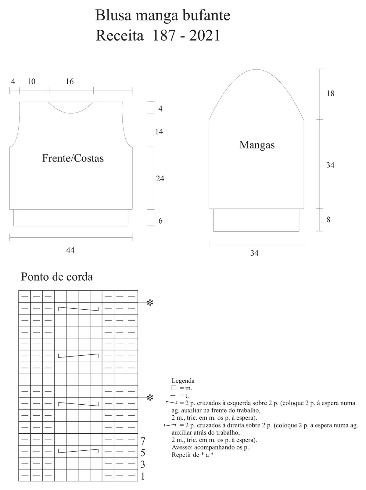 Gráfico do ponto de corda da Blusa Manga Bufante de Tricô — toque para ampliar