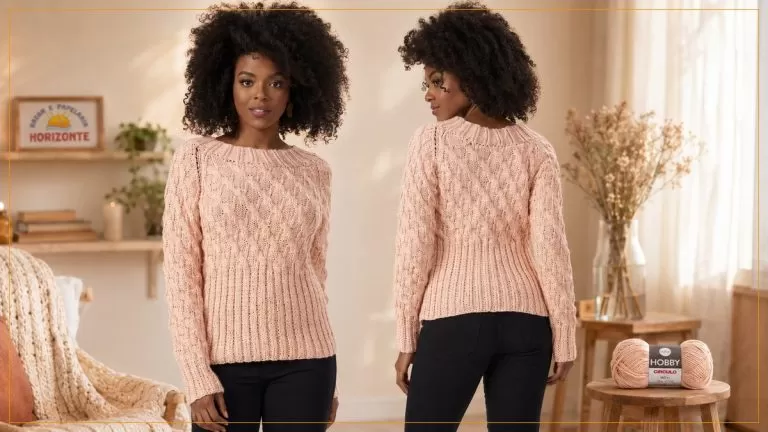 Blusa Maxibarra de Tricô com Fio Hobby Círculo — frente e costas na cor bege