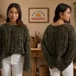 Blusa Oliveira de Tricô com Fio Veludo Molhado Círculo — frente e costas, cor Oliveira