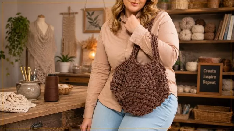 Bolsa Castanha de Crochê com Linha Liza Moda Grossa Círculo