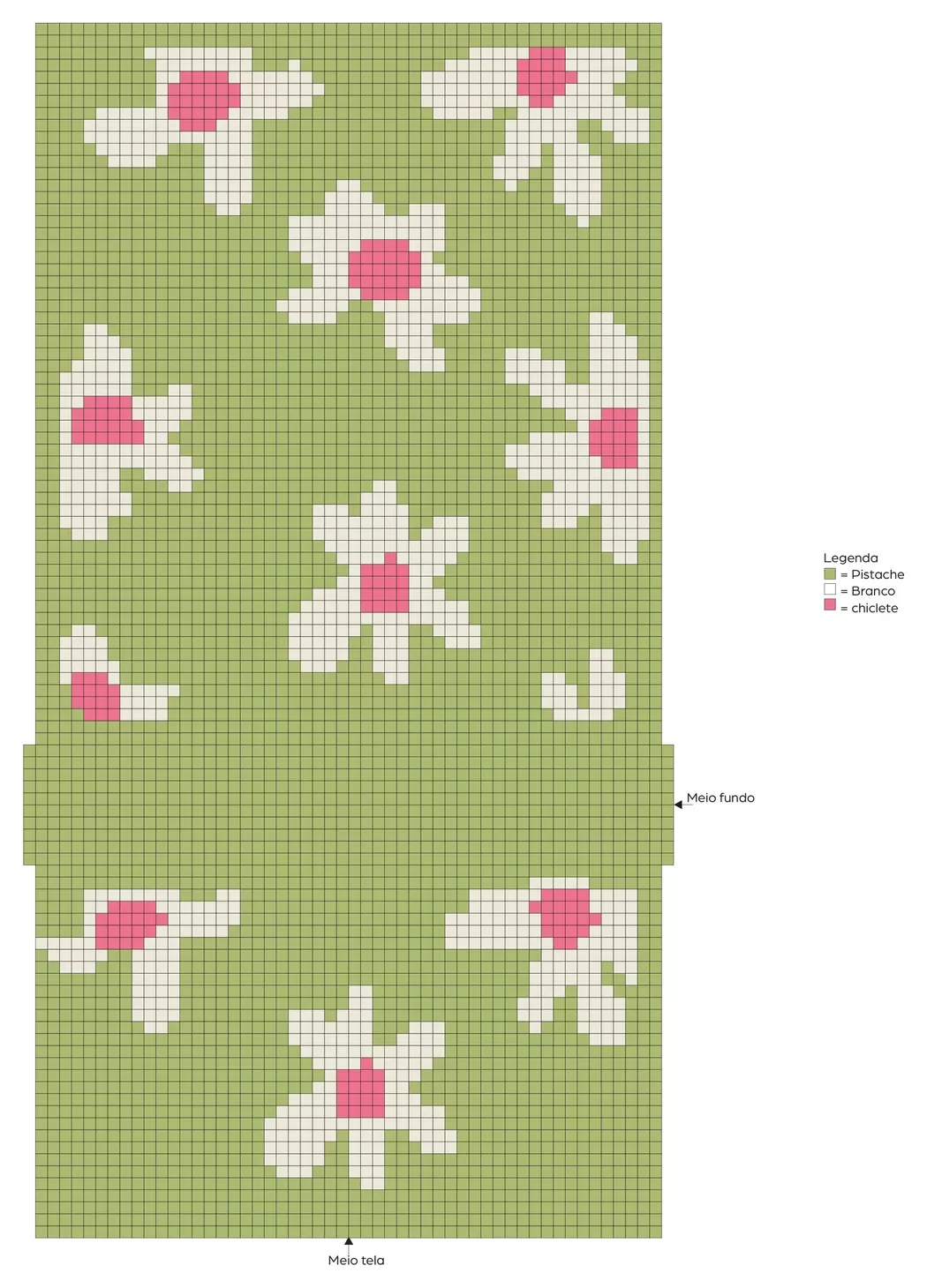 Gráfico de ponto cruz da Bolsa Daisy com margaridas e legenda de cores Pistache, Branco e Chiclete