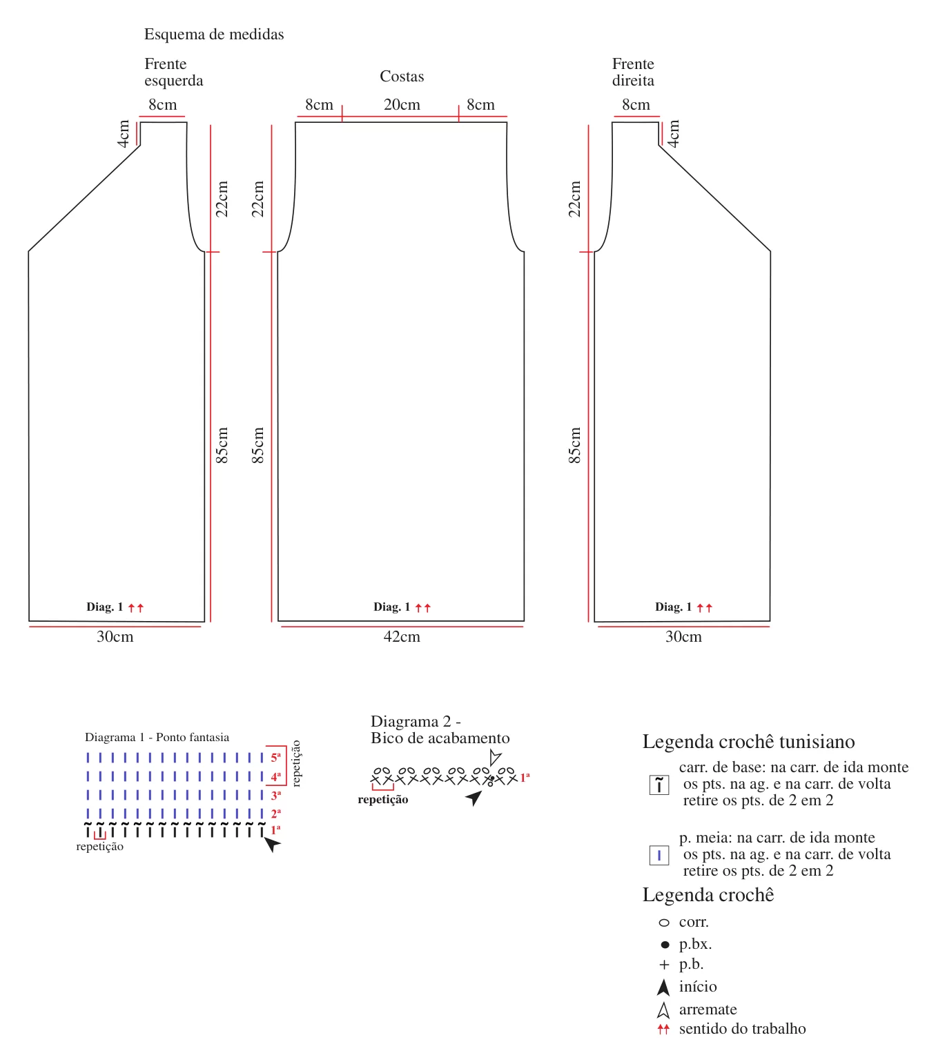 Gráfico do Colete Alongado Listras: esquema de medidas (frente esquerda 30 cm, costas 42 cm, frente direita 30 cm), Diagrama 1 – ponto fantasia tunisiano e Diagrama 2 – bico de acabamento com legenda