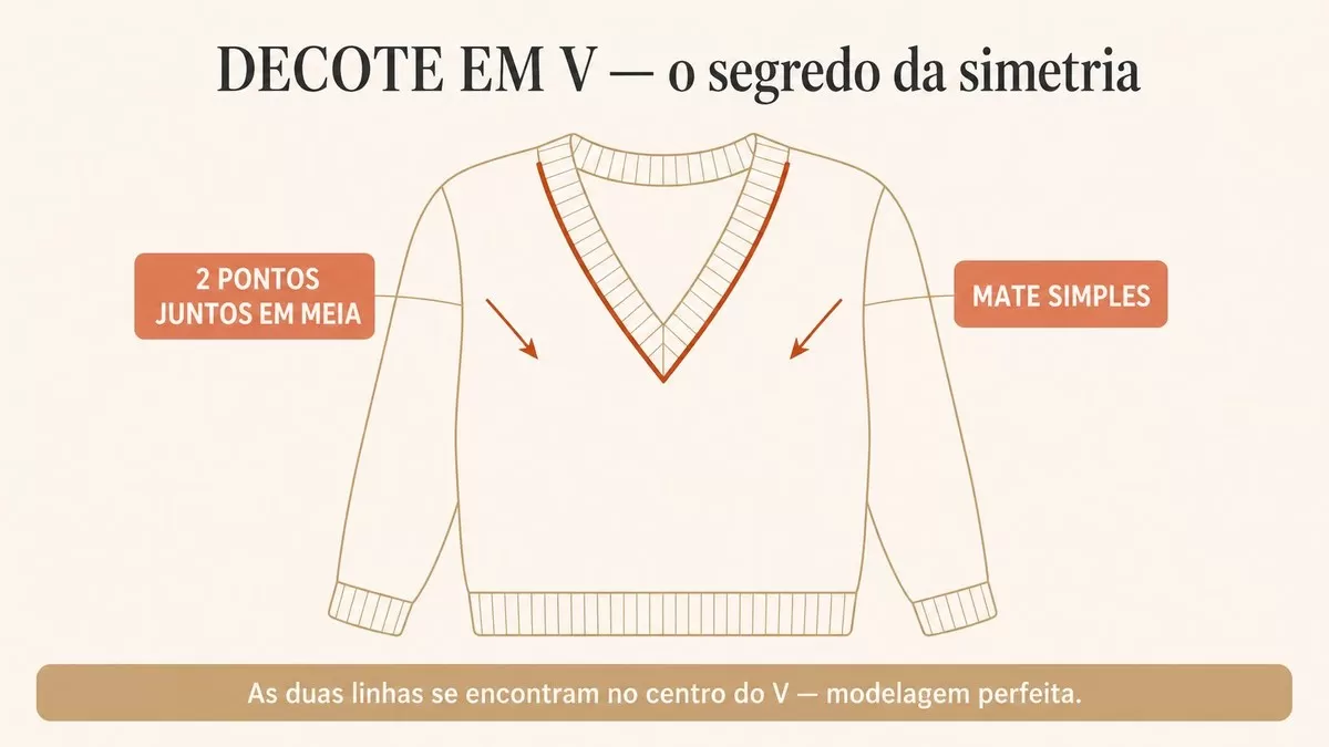 Infográfico mostrando uma blusa com decote em V: no lado esquerdo usa-se 2 pontos juntos em meia, no lado direito usa-se mate simples. As duas linhas se encontram no centro do V criando uma modelagem perfeita