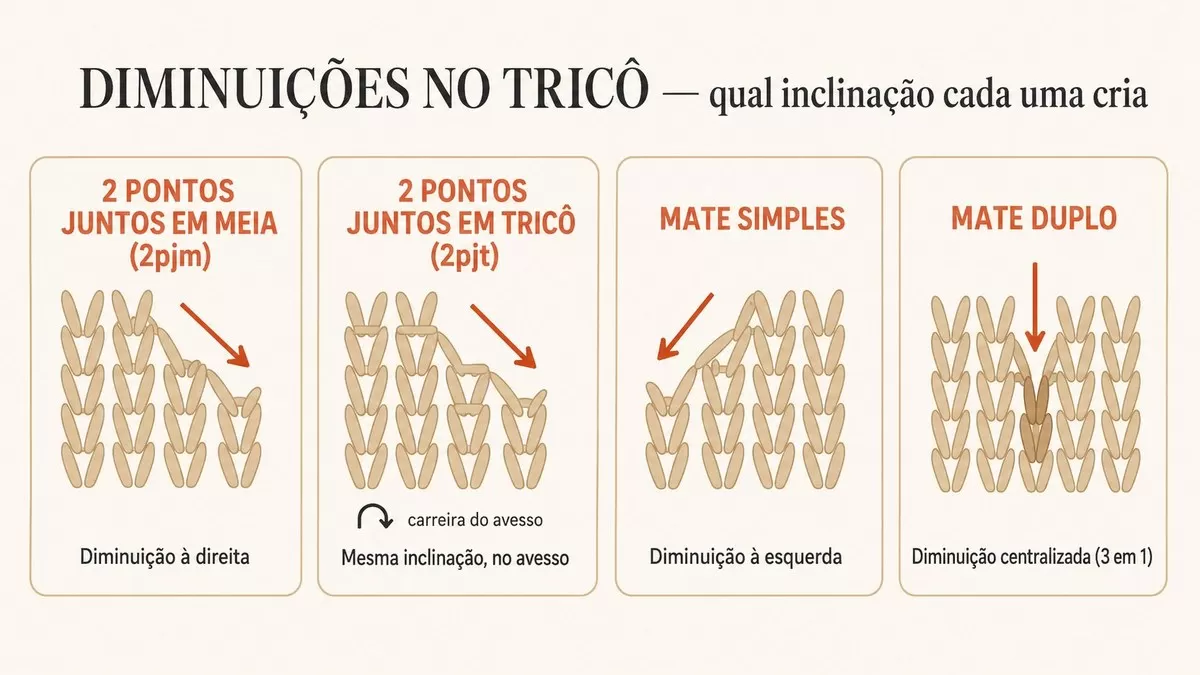 Infográfico mostrando os 4 tipos de diminuições no tricô: 2 pontos juntos em meia (inclinação à direita), 2 pontos juntos em tricô (mesma inclinação, no avesso), mate simples (inclinação à esquerda) e mate duplo (diminuição centralizada, 3 em 1)