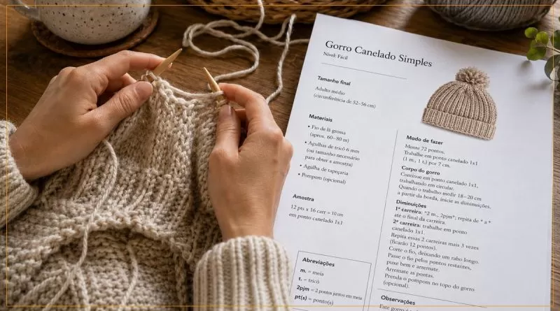 Mãos tricotando ao lado de uma receita impressa de gorro canelado com lista de abreviações