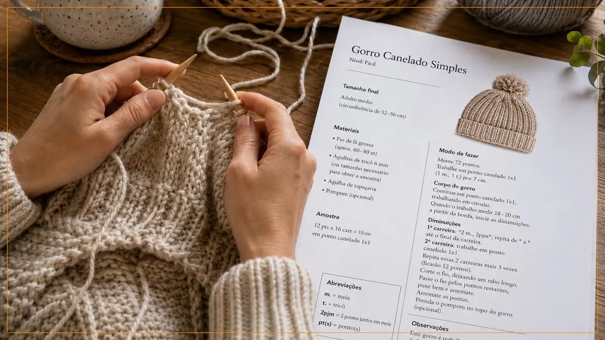 Mãos tricotando ao lado de uma receita impressa de gorro canelado com lista de abreviações