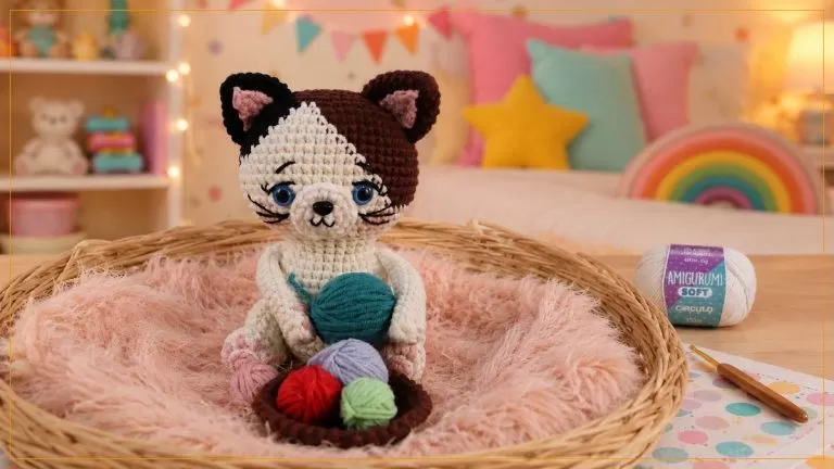 Gatinho Crocheteiro Malhado Amigurumi Soft Círculo — gatinho tricolor sentado em cestinha com novelinhos