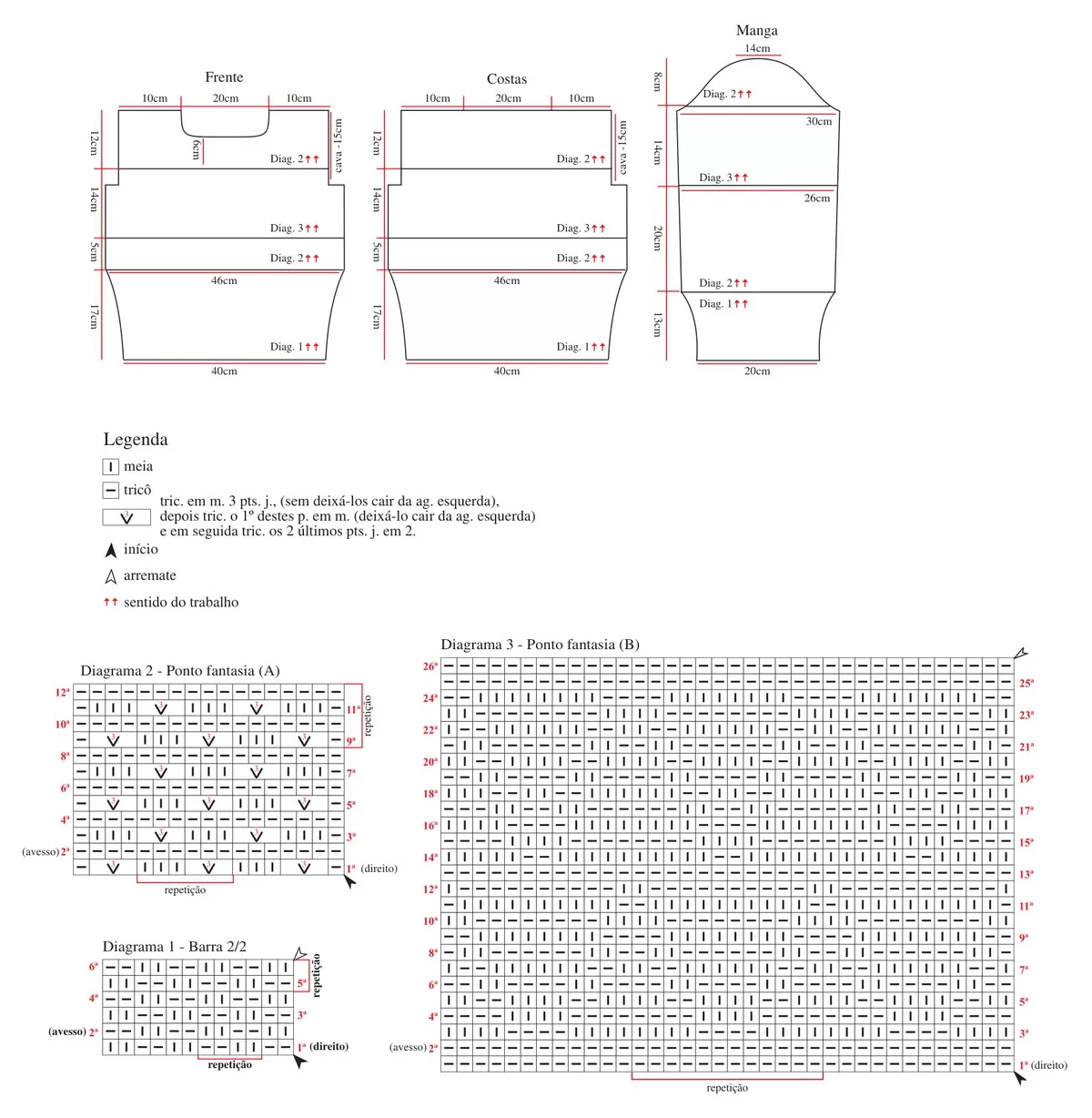 Gráfico completo da Blusa Marrom de Tricô com Fio Hobby — diagramas dos pontos barra 2/2, ponto fantasia A e ponto fantasia B