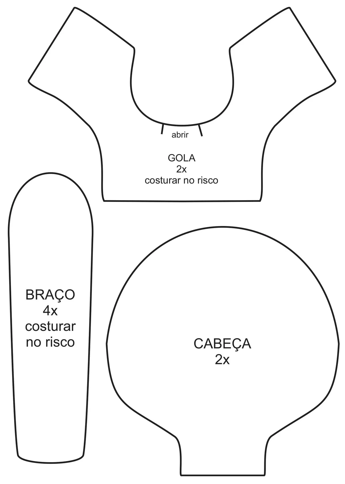 Molde do Puxa-Saco Cozinheira de Costura com Tecidos Círculo — cabeça, braços e gola