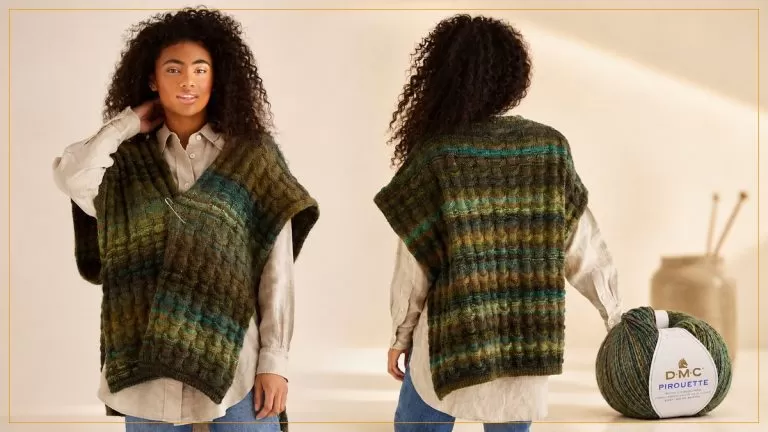 Poncho de Tricô Verde com Fio DMC Pirouette — vista frontal e traseira