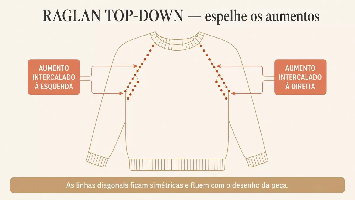 Infográfico mostrando uma blusa raglan top-down com as quatro linhas diagonais saindo do decote: de um lado da linha usa-se aumento intercalado à esquerda, do outro lado aumento intercalado à direita, criando linhas simétricas que fluem com o desenho da peça