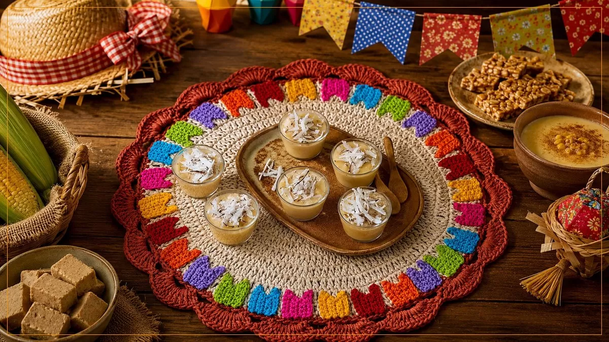 Sousplat Bandeirinhas de Crochê com Ateliê Natureza Pingouin decorando mesa de festa junina