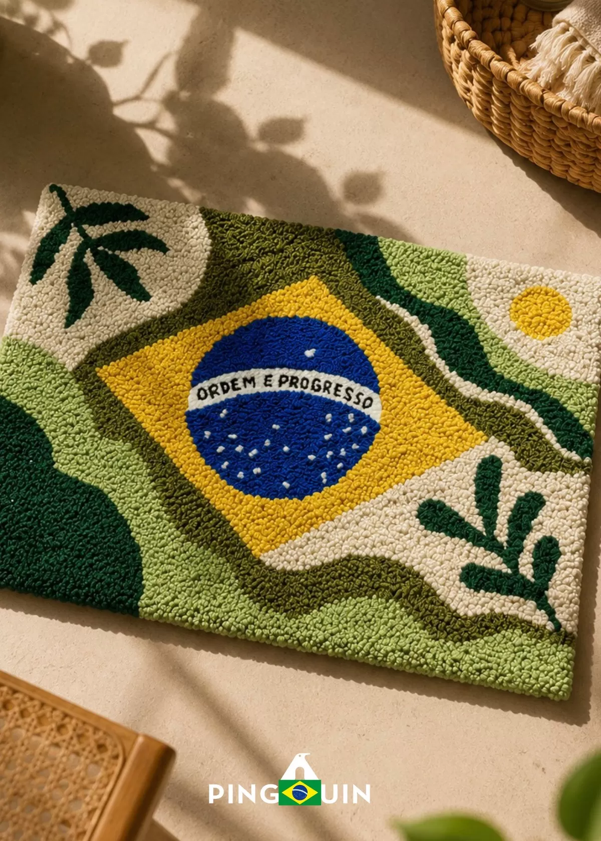 Tapete Brasilidade em punch needle visto de cima, com a bandeira do Brasil em relevo, elementos florais e ondas em verde, amarelo, azul e branco, feito com Lã Paratapet Pingouin