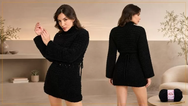 Vestido Pantera de Crochê em Fio Plume Preto — vista frontal e dorsal