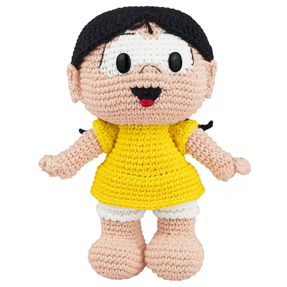 Amigurumi da Magali em crochê com vestido amarelo e cabelo preto
