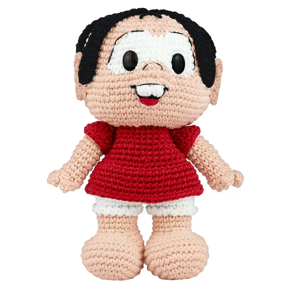 Amigurumi da Mônica em crochê com vestido vermelho e cabelo preto