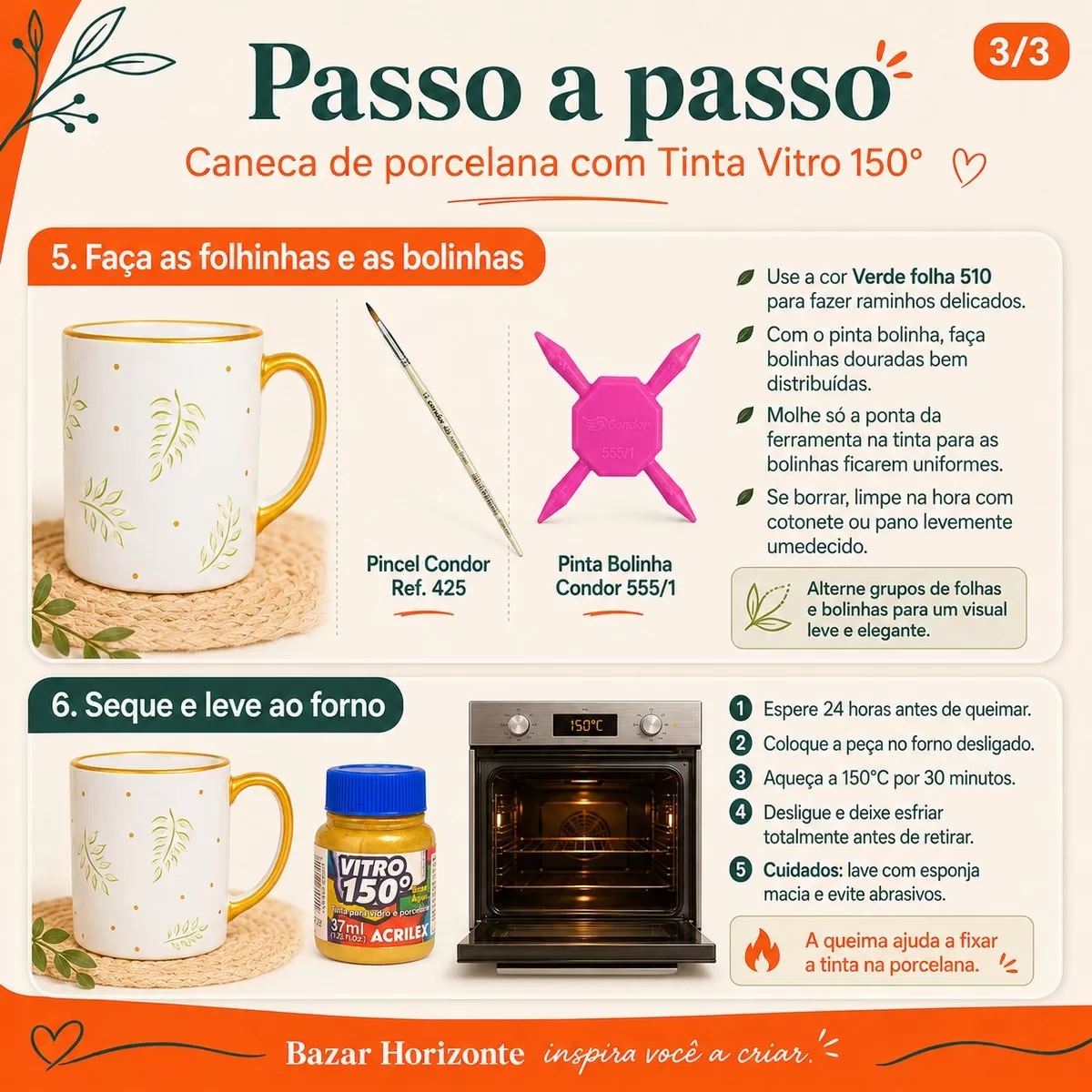 Caneca de porcelana com folhinhas verdes e bolinhas douradas pintadas, pincel Condor 425, pinta bolinha Condor e forno para a queima da Tinta Vitro 150
