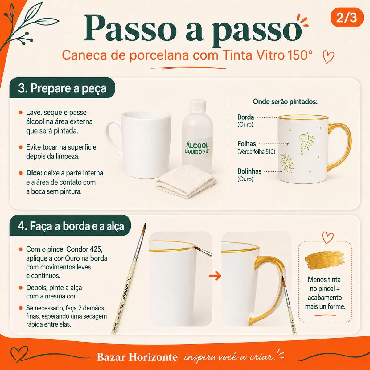 Preparo da caneca de porcelana antes da pintura e aplicação da Tinta Vitro 150 Ouro na borda e na alça com pincel Condor 425