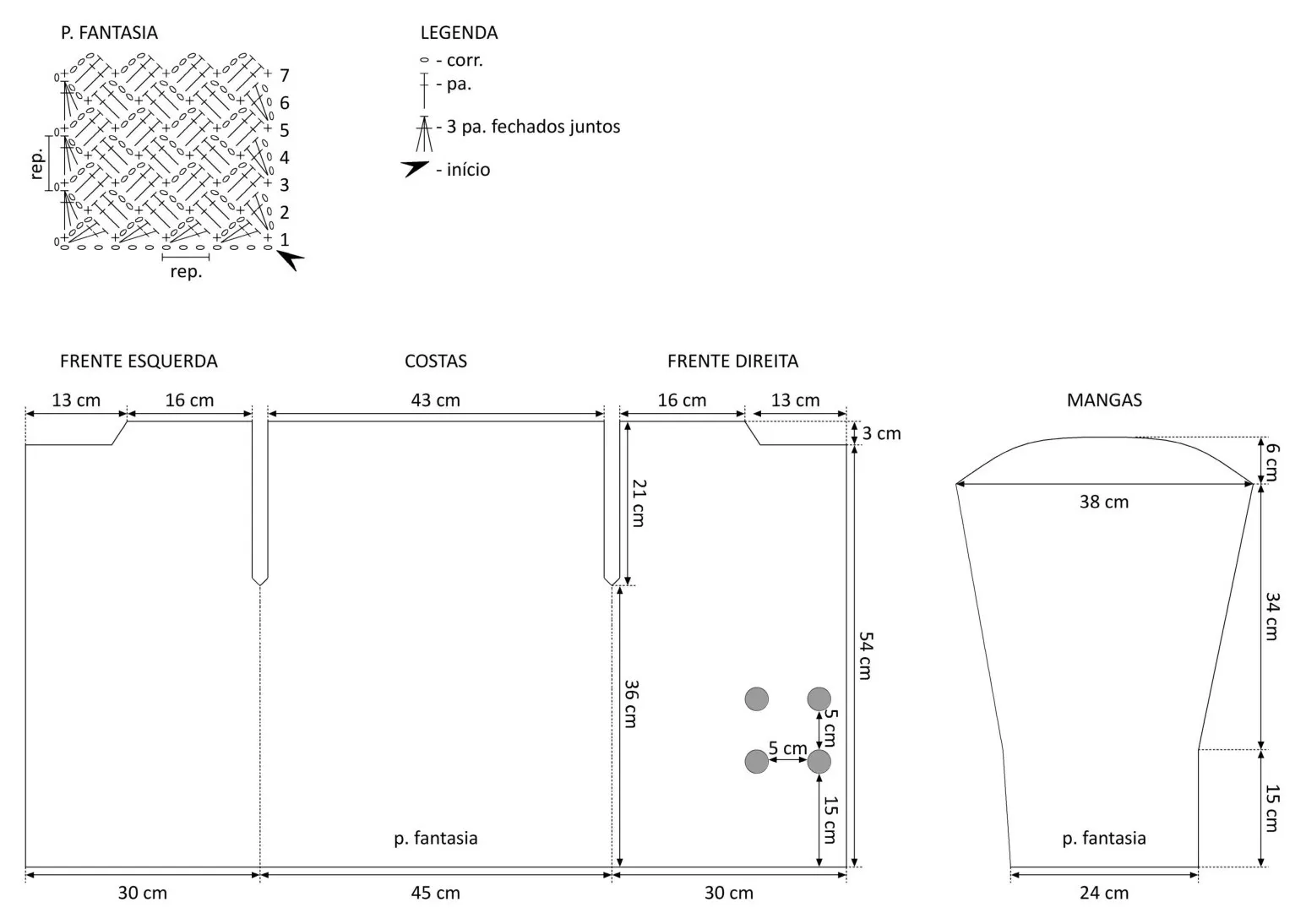 Gráfico do ponto fantasia e esquema de medidas do Casaco Paleta Clareza