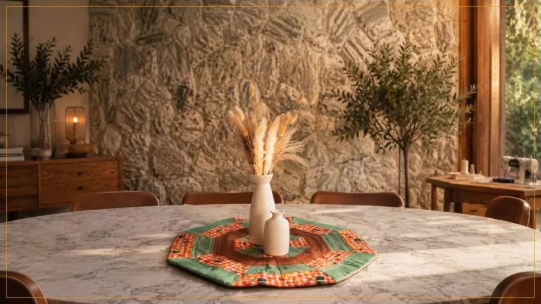 Centro de mesa Piquenique em patchwork octogonal com tecidos xadrez, poás e chocolate sobre mesa de mármore