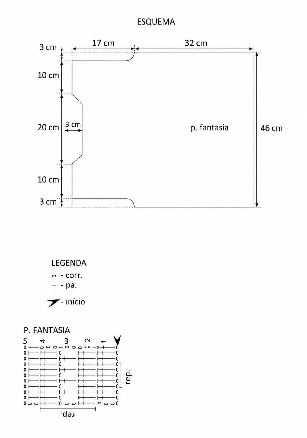 Gráfico do ponto fantasia e esquema de medidas do Colete Musa Pietra