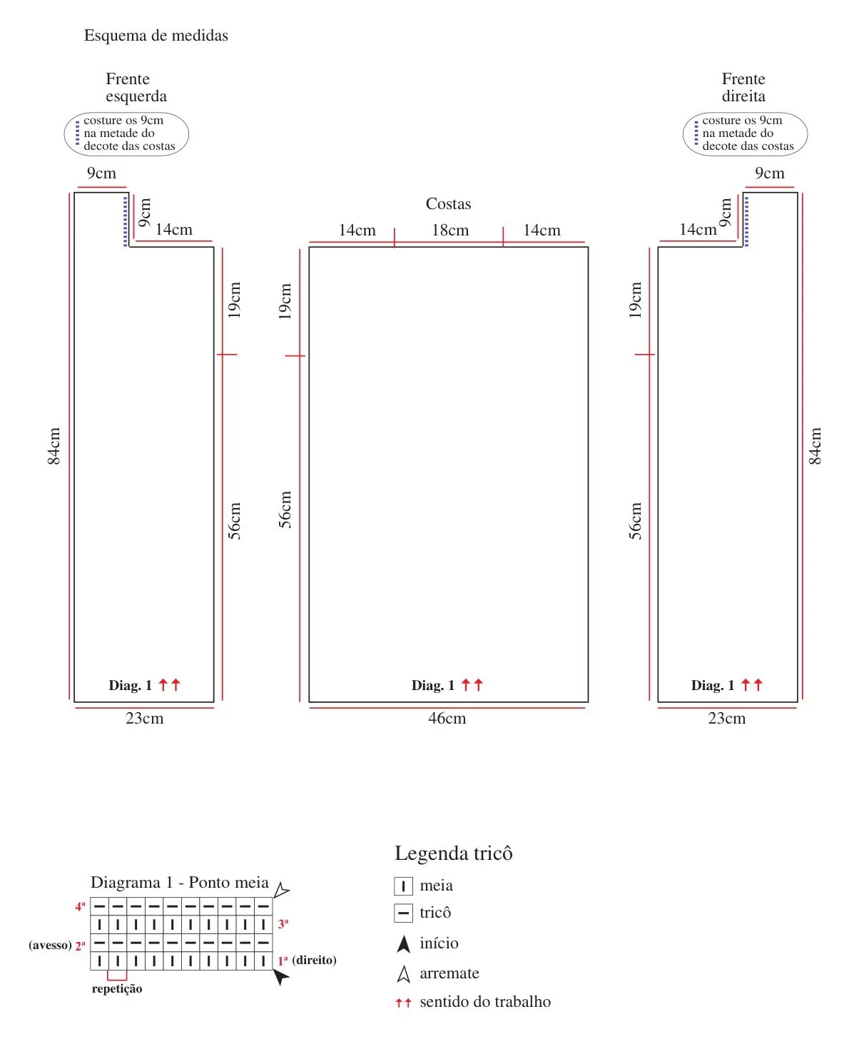 Esquema de medidas do Colete Off em tricô com Diagrama 1