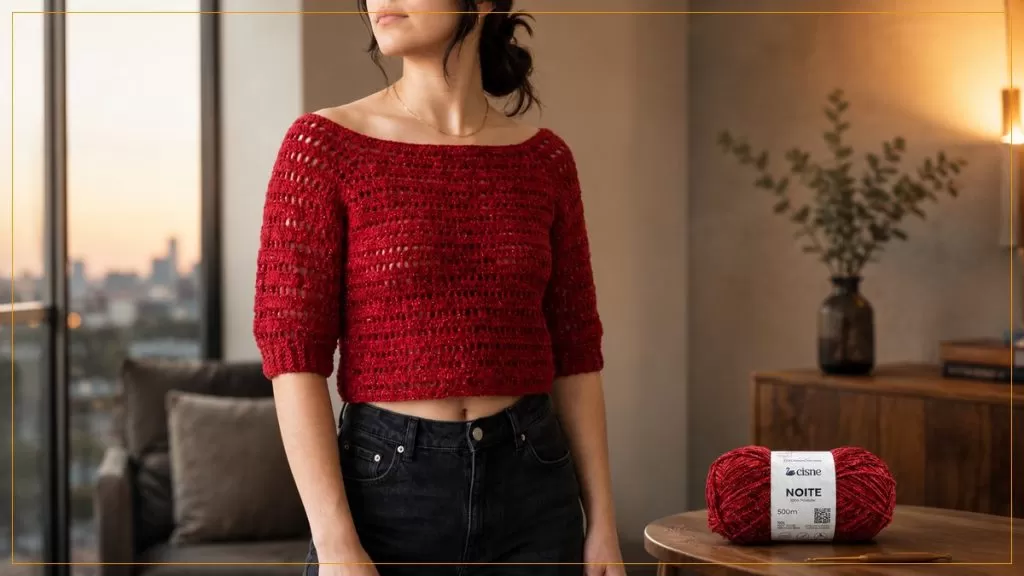 Cropped Noite de crochê em vermelho com brilho, feito com Fio Cisne Noite