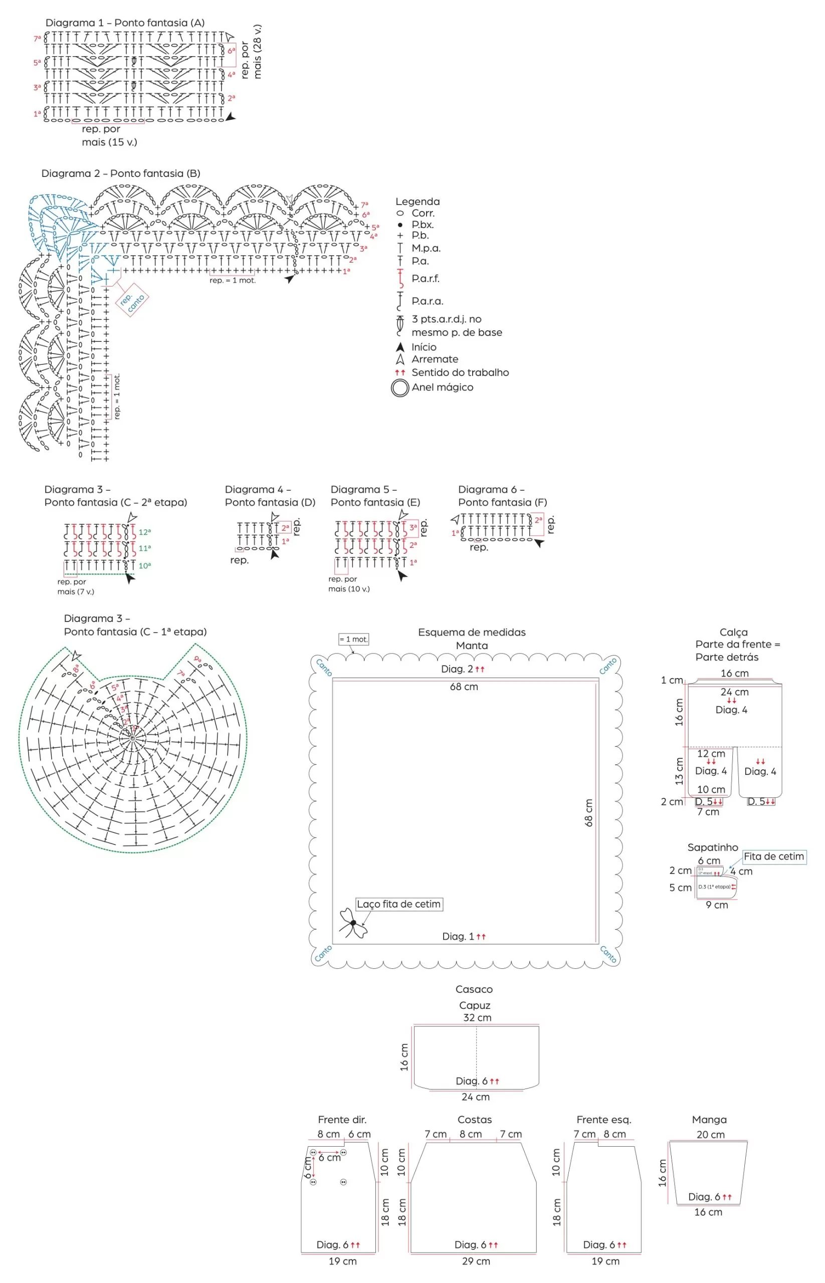 Diagramas de ponto fantasia e esquemas de medidas do Kit Maternidade Bianca