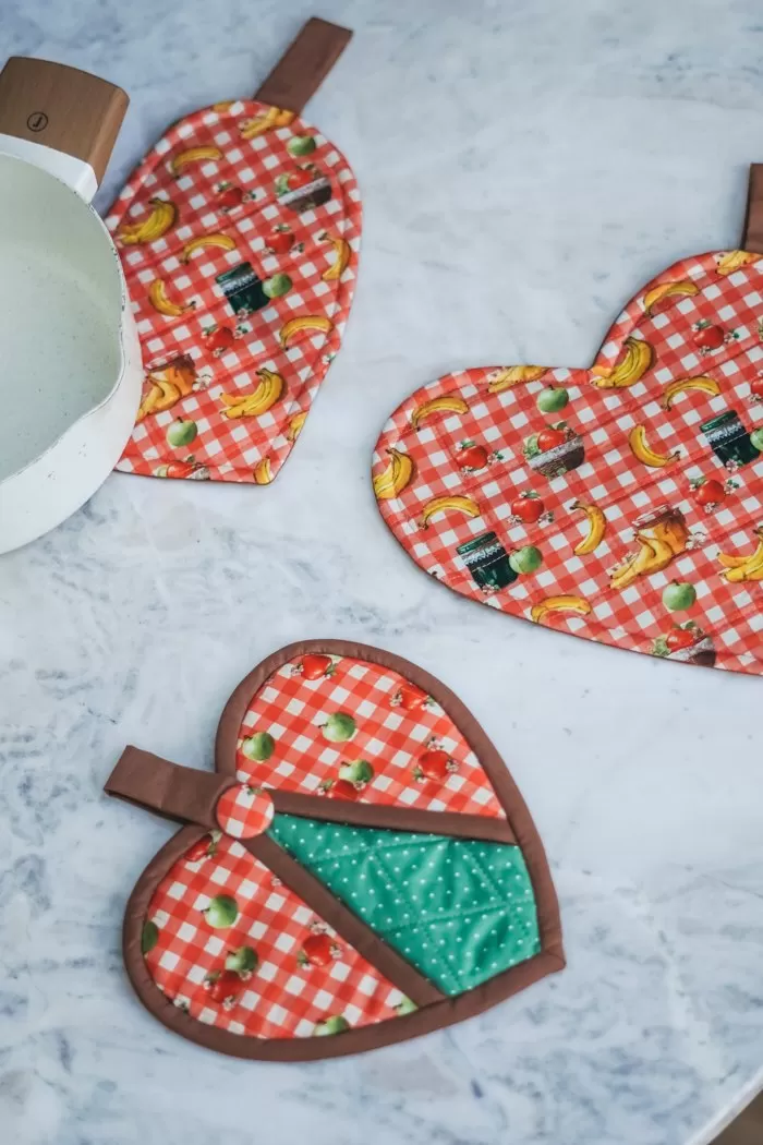 Pegador de Panela Coração de patchwork com tecidos estampados Círculo