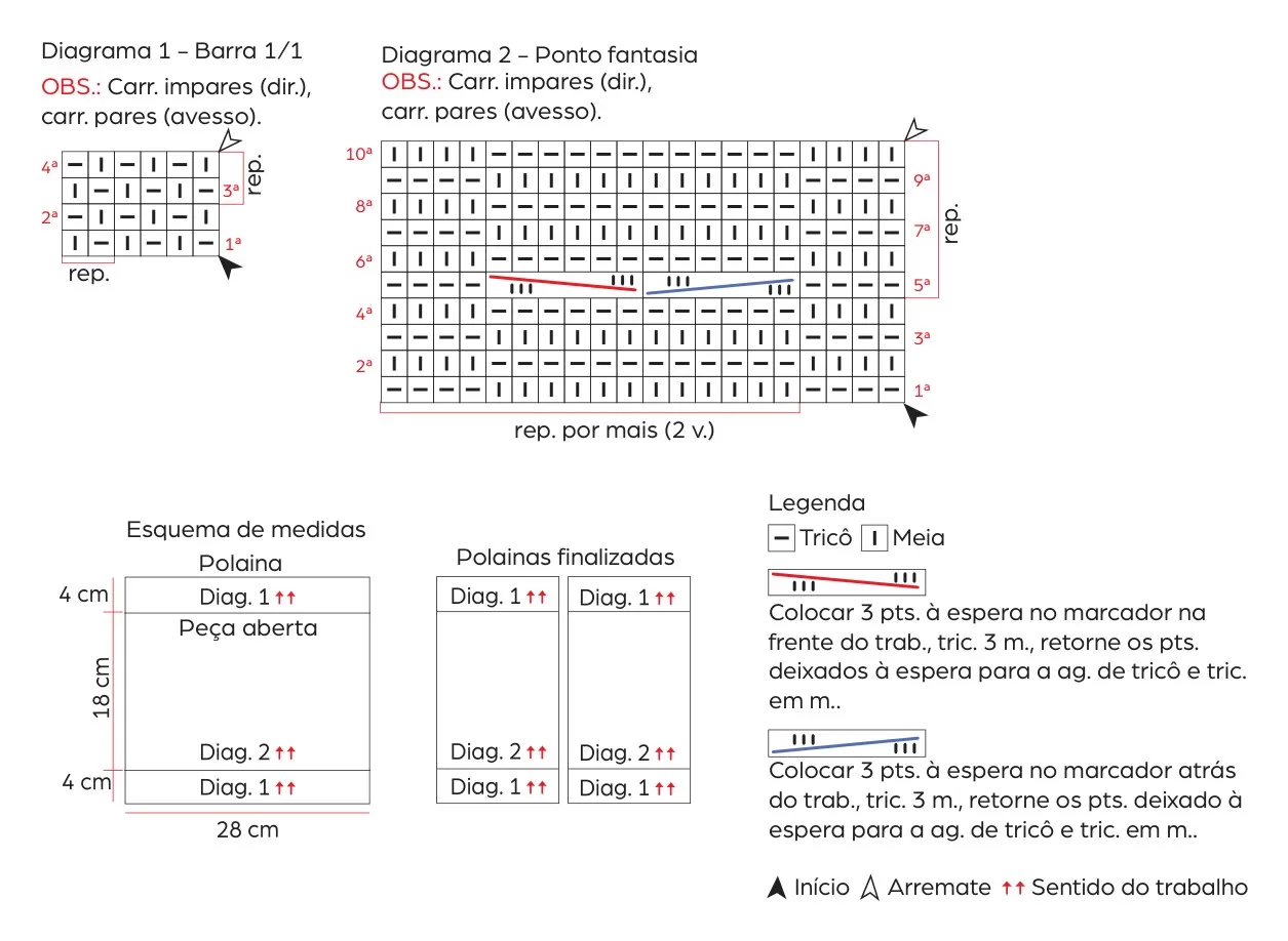 Diagramas 1 e 2 — Barra 1/1 e Ponto Fantasia da Polaina Aurora de Tricô