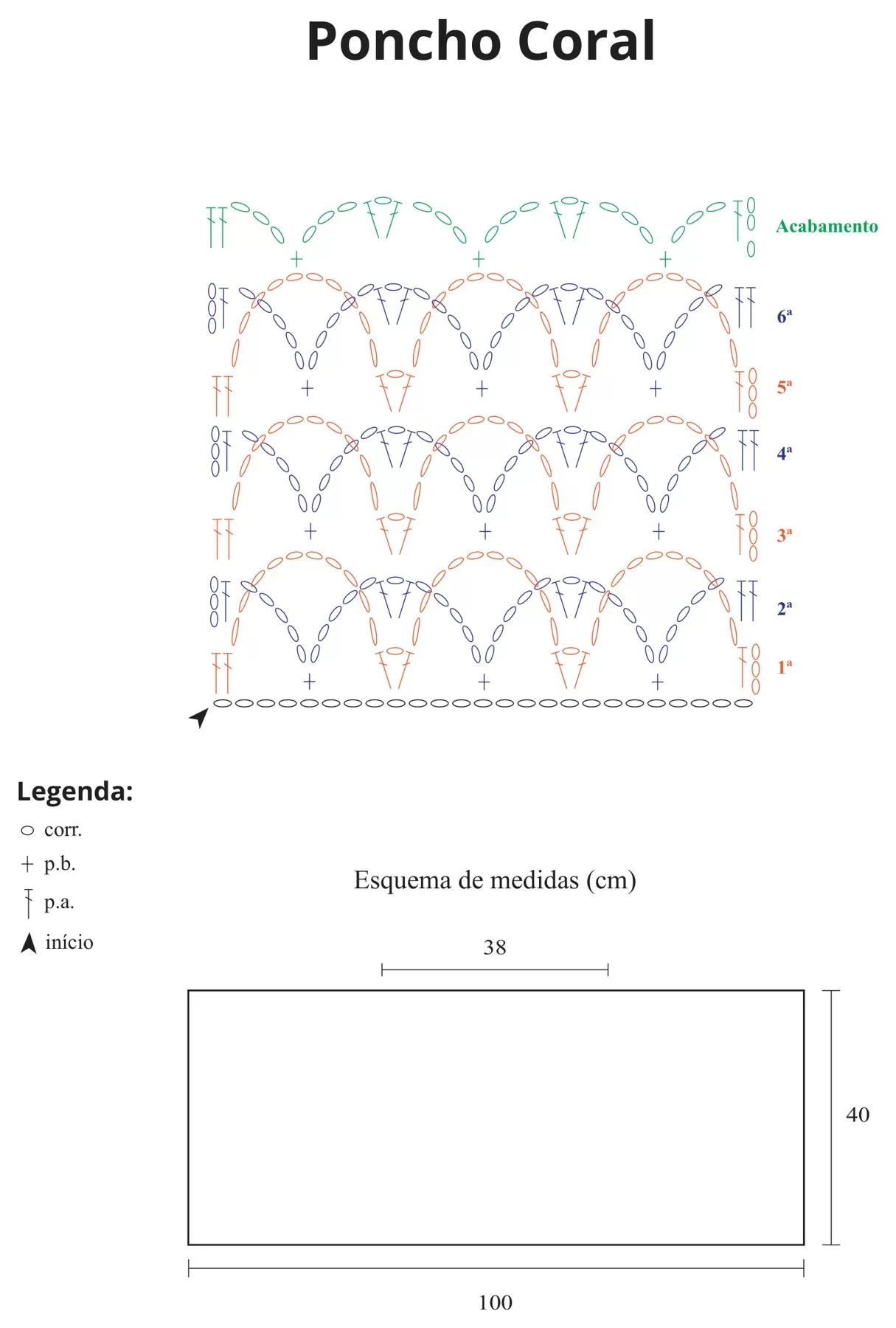 Gráfico do ponto fantasia e esquema de medidas do Poncho Coral de Crochê
