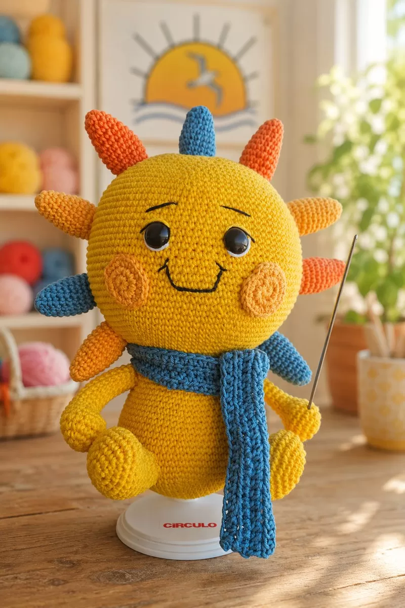 Solzinho de amigurumi sentado, com corpo e cabeça amarelos, nove raios em laranja, azul-petróleo e amarelo, bochechas em espiral e sorriso bordado
